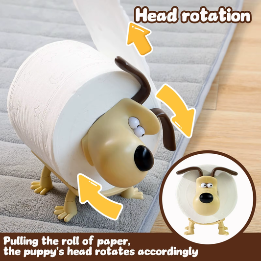 Close-up of dog-shaped toilet paper holder with roll