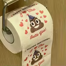 Happy Birthday gag tissue paper roll on wooden holder with poop emoji and hearts print